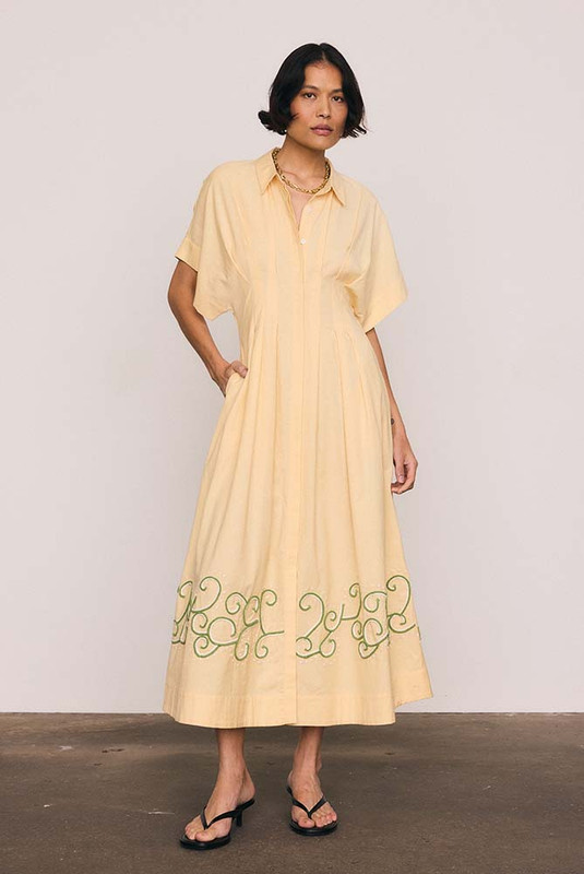 Paige Waisted Midi Dress in Buff