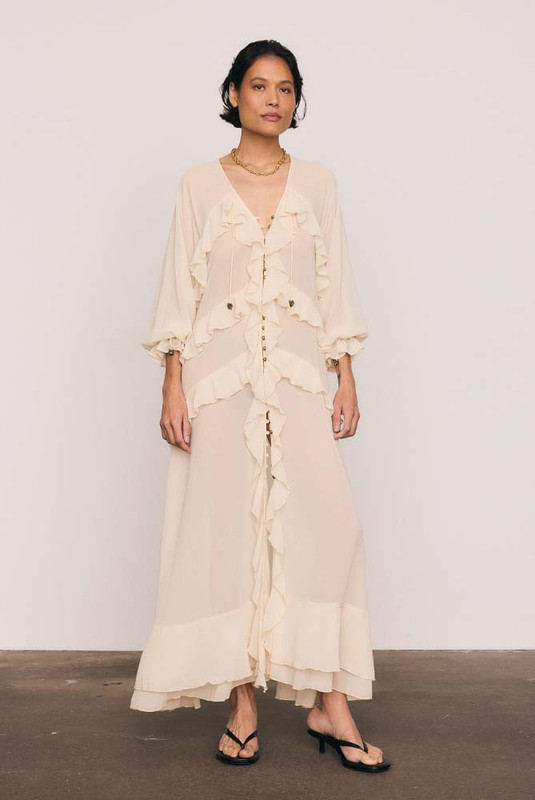 Waterfall Frill Maxi Dress in Cream