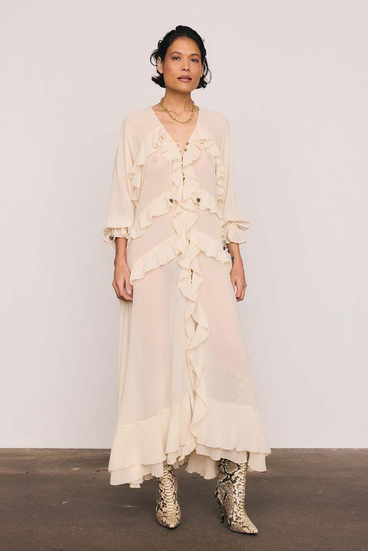 Waterfall Frill Maxi Dress in Cream