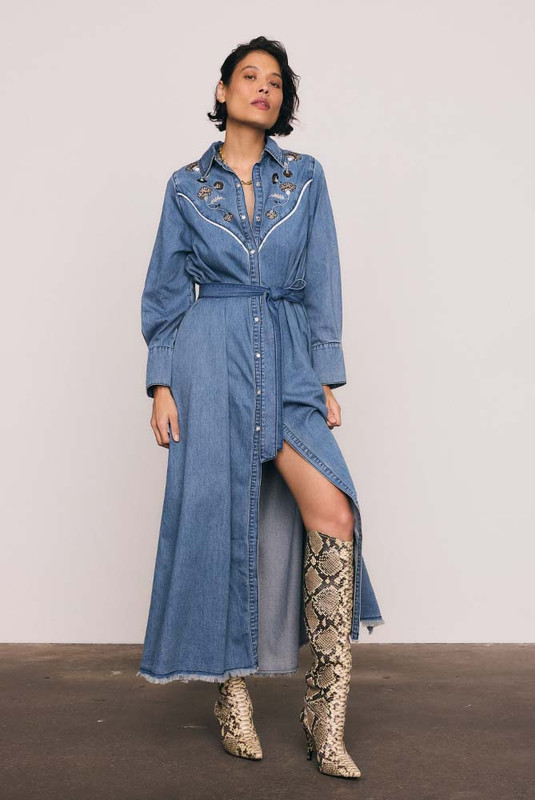 Paisley Opera Denim Dress in Mid Blue