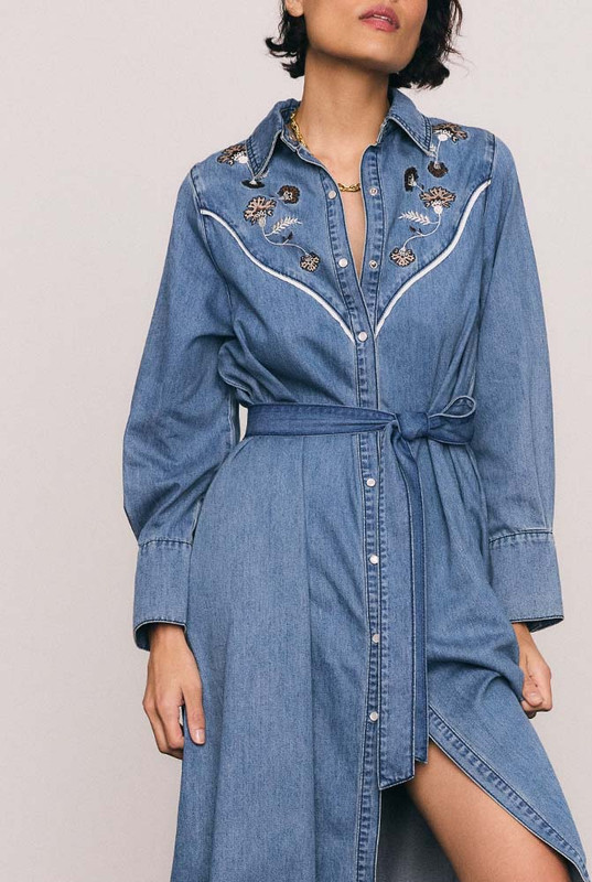Paisley Opera Denim Dress in Mid Blue