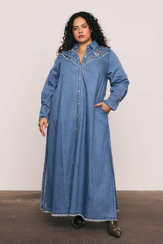 Paisley Opera Denim Dress in Mid Blue