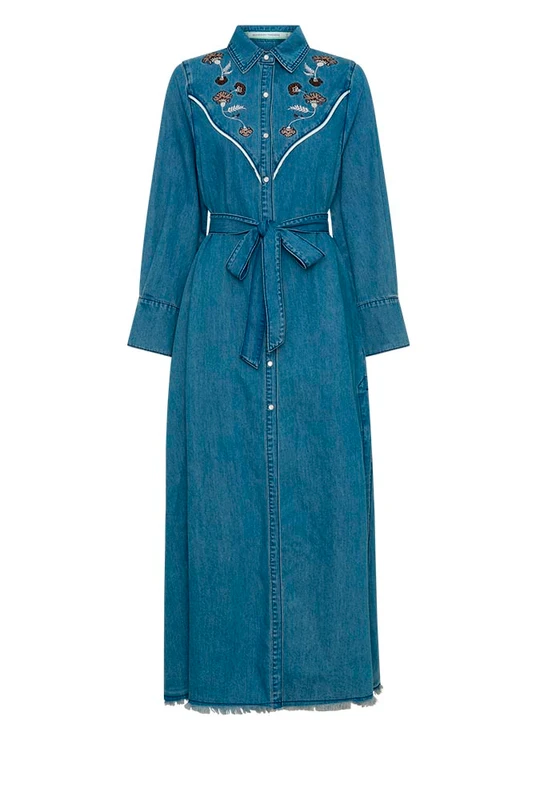 Paisley Opera Denim Dress in Mid Blue