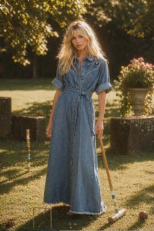 Paisley Opera Denim Dress in Mid Blue