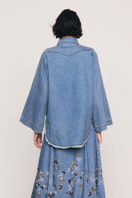 Paisley Border Tunic Top in Mid Blue