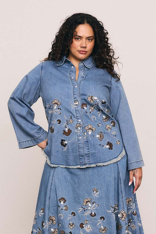 Paisley Border Tunic Top in Mid Blue