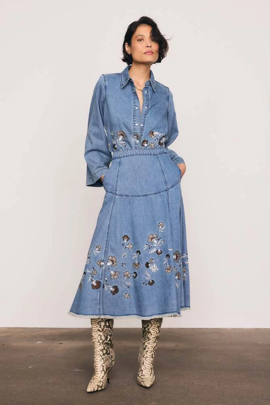 Paisley Border Circle Skirt in Mid Blue