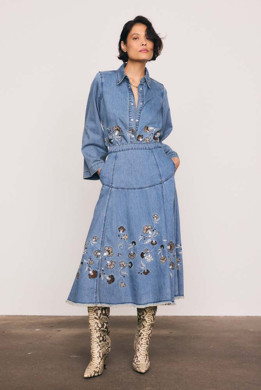 Paisley Border Circle Skirt in Mid Blue