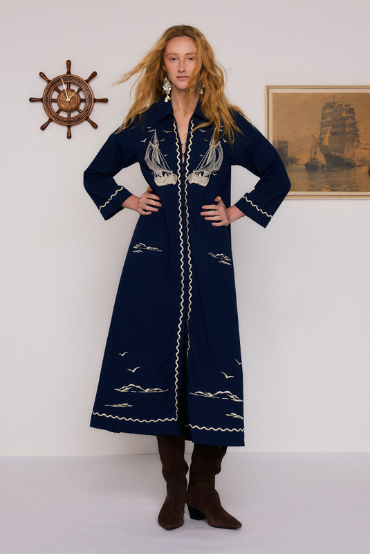Nautical Embroidered Midi Dress in Navy