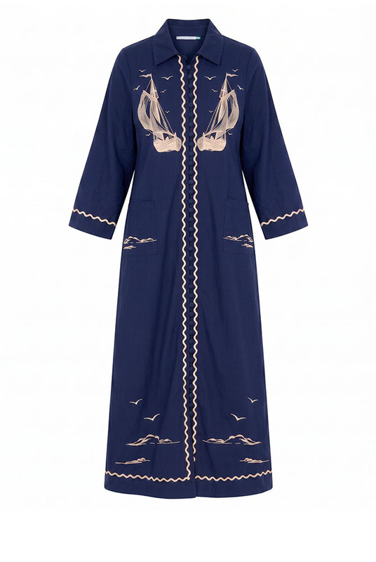 Nautical Embroidered Midi Dress in Navy