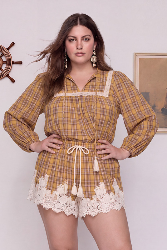 Cleo Lace Trim Blouse in Multi Check