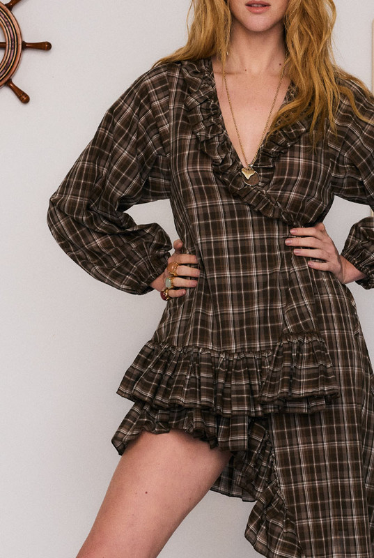 Cleo Asymmetrical Check Dress in Multi Check