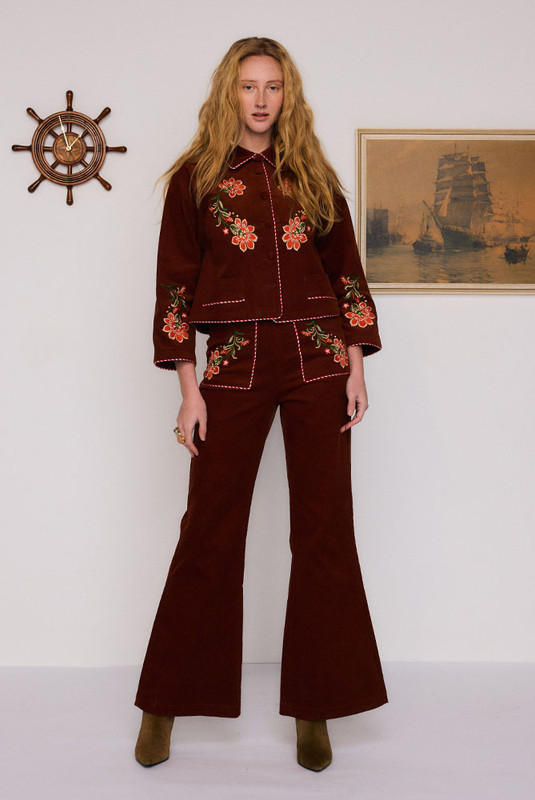 Sadie Embroidered Crop Flare in Burgundy