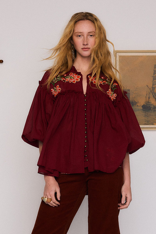 Sadie Embroidered Blouse in Burgundy