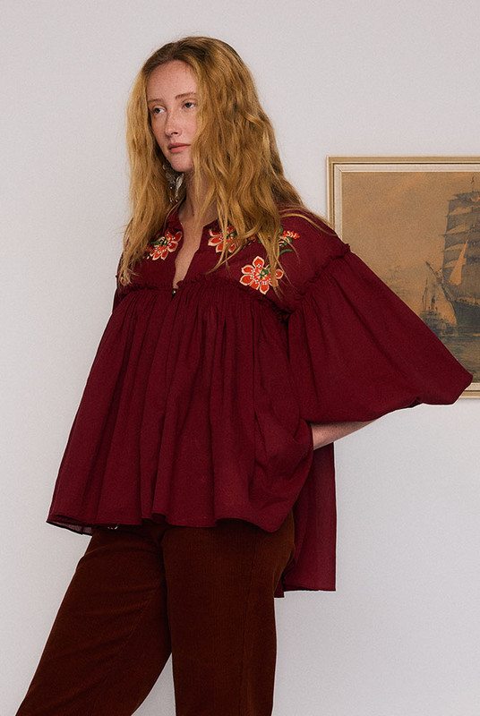 Sadie Embroidered Blouse in Burgundy