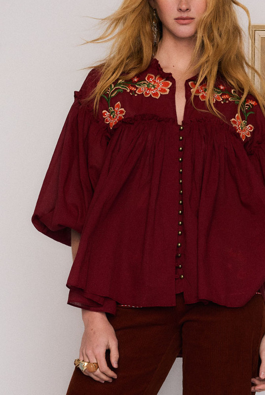 Sadie Embroidered Blouse in Burgundy