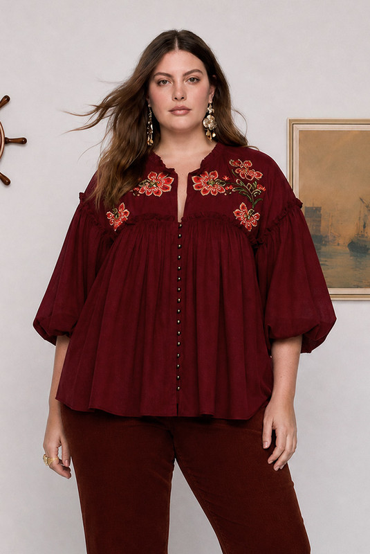Sadie Embroidered Blouse in Burgundy