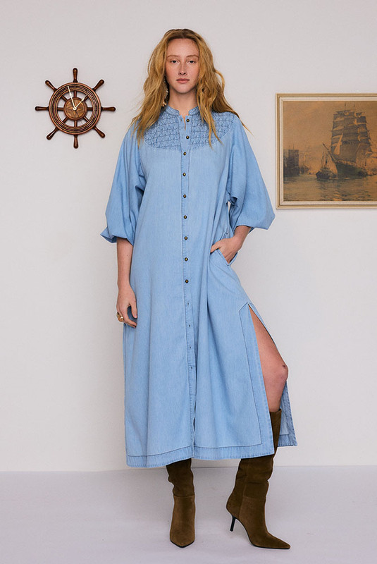 Chambray Smocked Midi Dress in Blue