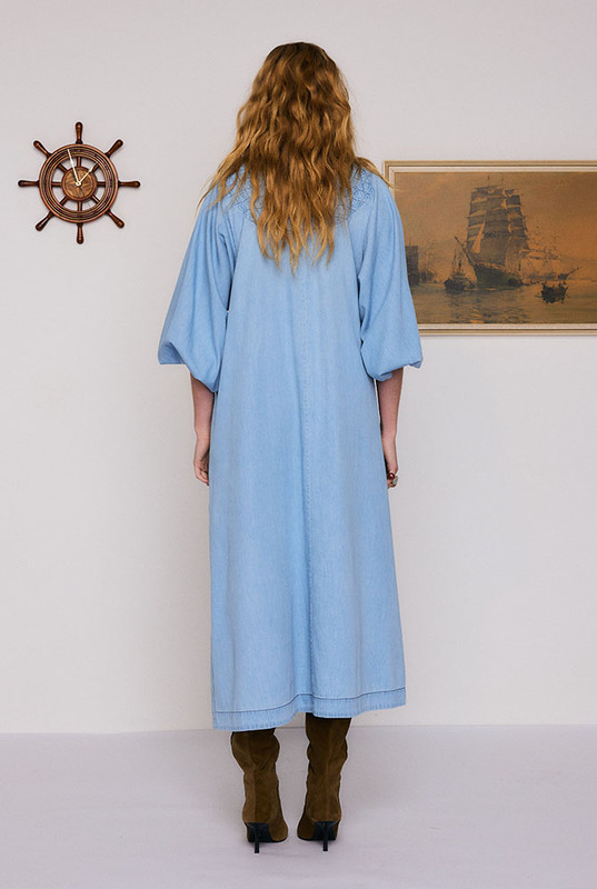 Chambray Smocked Midi Dress in Blue