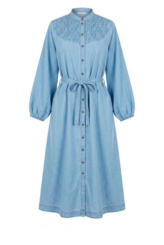 Chambray Smocked Midi Dress in Blue