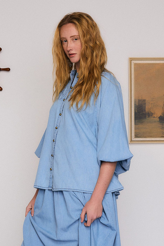 Chambray Smocked Blouse in Blue