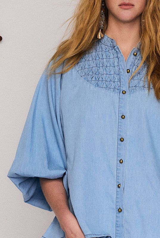 Chambray Smocked Blouse in Blue