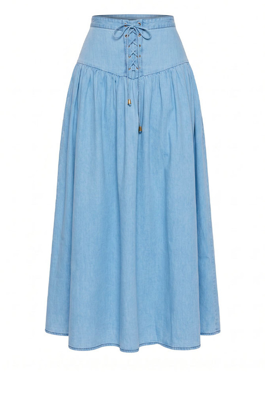 Chambray Lace Up Midi Skirt in Blue