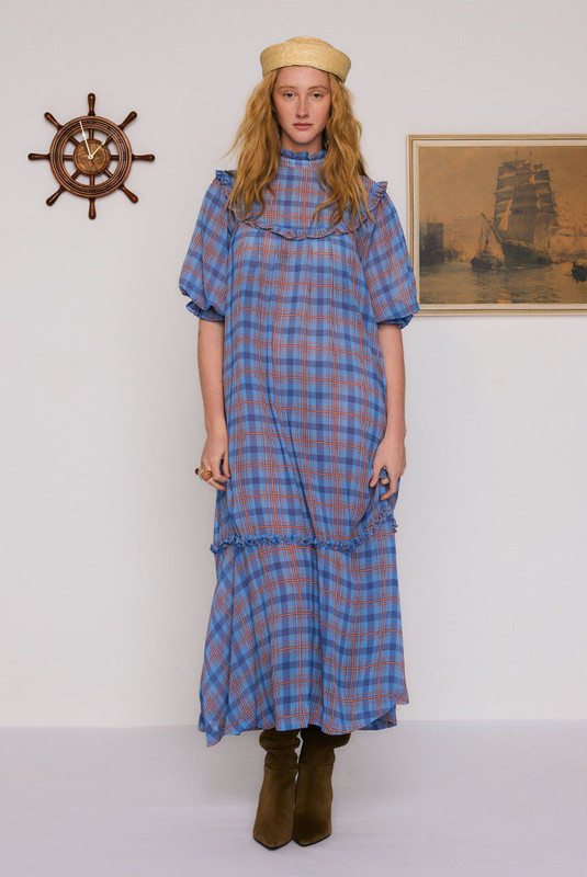 Cleo Frill Bib Maxi Dress in Check