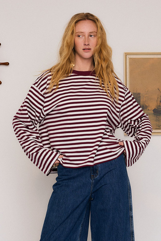 Stripe Long Sleeve Tee in Red Cream Stripe