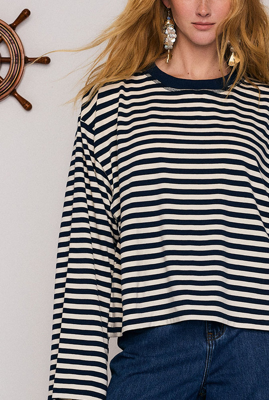 Stripe Long Sleeve Tee in Blue Cream Stripe