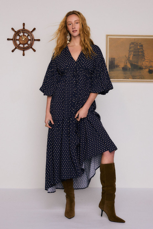 Paisley Billow Sleeve Maxi in Navy