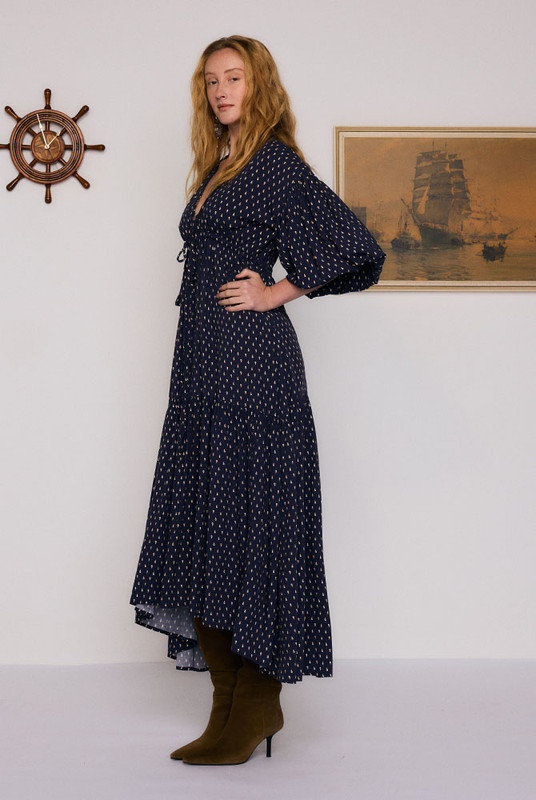 Paisley Billow Sleeve Maxi in Navy