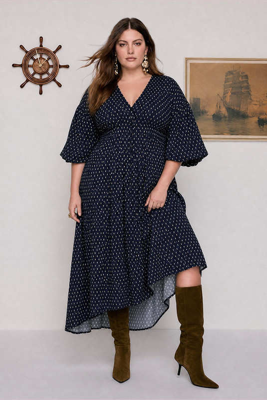 Paisley Billow Sleeve Maxi in Navy