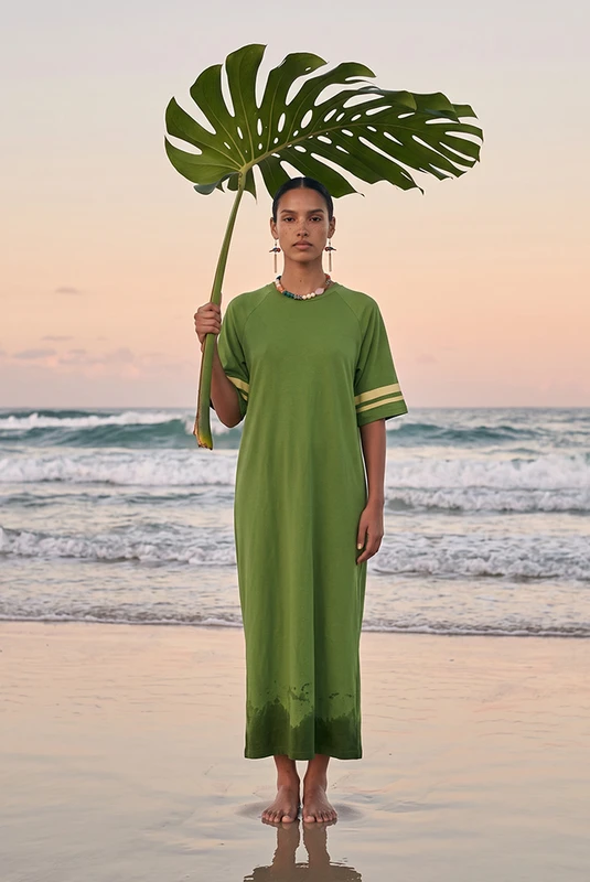 Oversized Ringer T-Shirt Dress in Olive