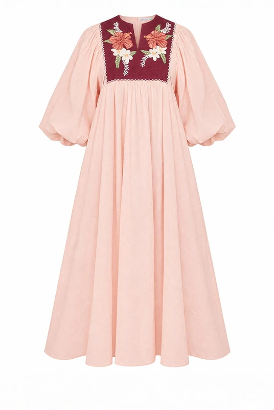Paloma Embroidered Bib Smock Dress in Coral