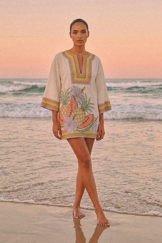 Tropicana Kaftan Mini Dress in Cream