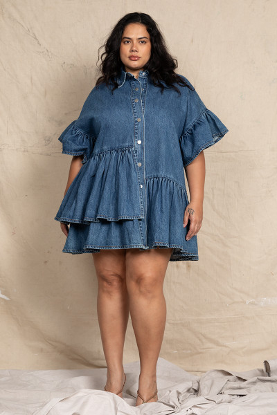 Denim Genoa Mini Dress in Mid Blue Denim Genoa Mini Dress in Mid Blue