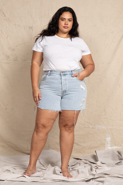 Long-Line Distressed Denim Shorts