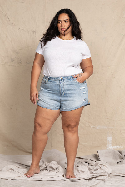 Distressed Denim Short in Light-Blue