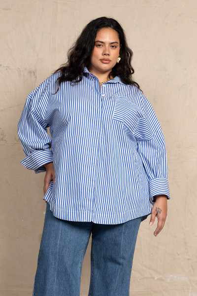 Oversized Long Sleeve Shirt in Blue / White Stripe