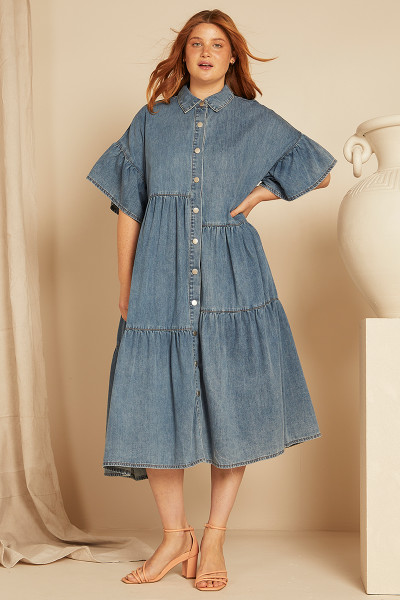 Genoa Denim Midi Dress in Mid Blue