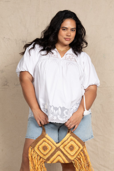 Applique Smock Blouse in White