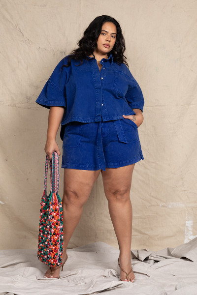 Denim Flared Short in Cobalt