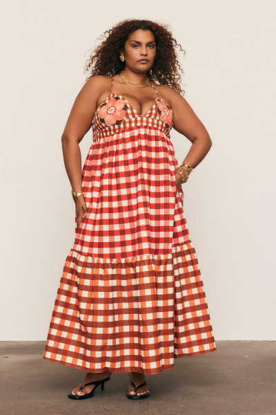 Gingham Embroidery Dress in Ruby Cream