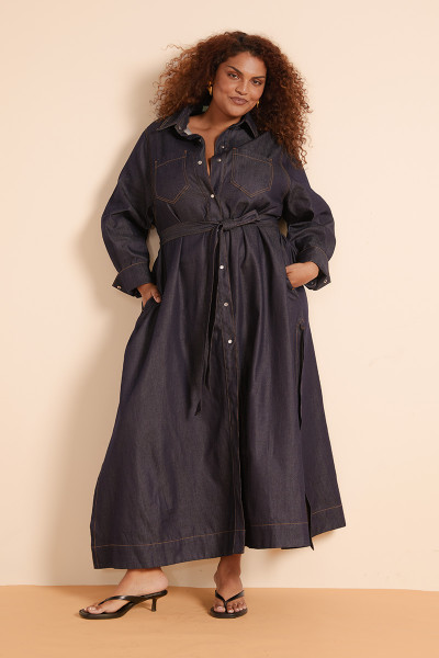 Denim Maxi Shirt Dress in Indigo