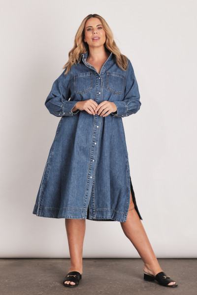 Denim Midi Shirt Dress in Mid Blue