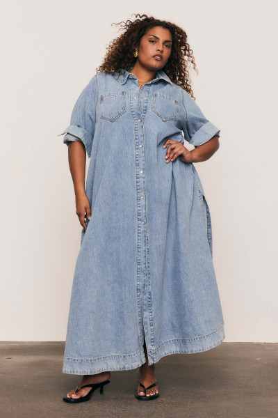 Denim Maxi Shirt Dress in Ice Blue