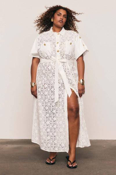 Star Embroidered Shirt Dress in White Star Embroidered Shirt Dress in White