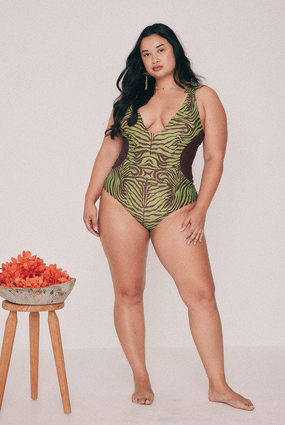 Zebra V Neck Onesie in Olive