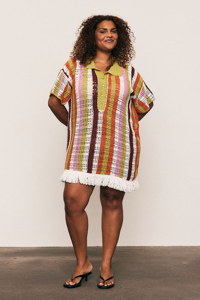 Lovingly hand-crafted from premium cotton, the Maggie Crochet Mini Dress is an heirloom-quality piece celebrating artisanal skill and timeless design. Featuring a vibrant multi-coloured stripe, short sleeves and a fringe hem, its slightly loose fit offers effortless movement and refined ease. A modern keepsake — designed to be worn, loved, and passed on.